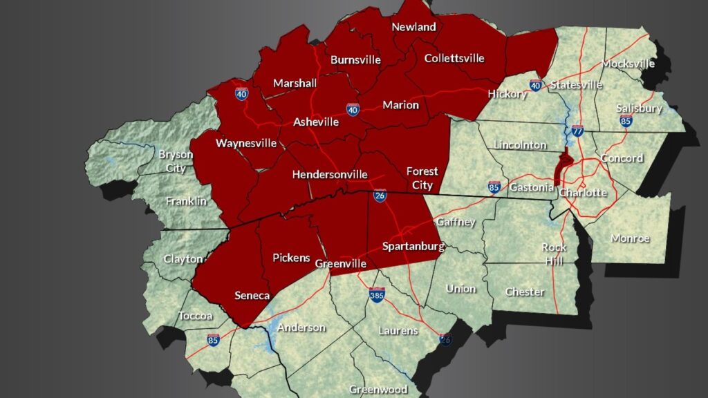 map of WNC with counties that flooded marked in red